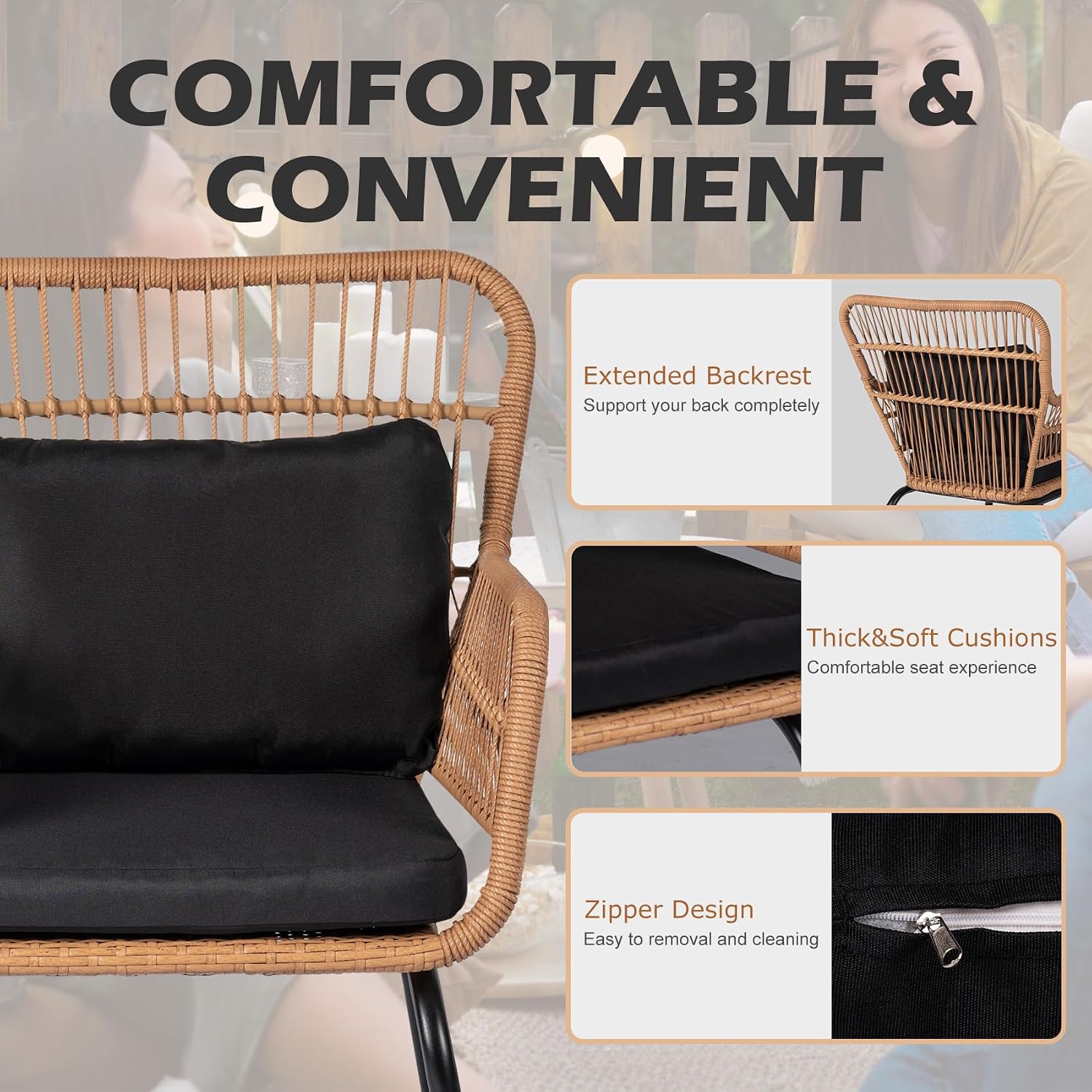 3 Piece Outdoor Wicker Furniture Bistro Set, Rattan Chairs Conversation Sets Wicker Patio Furniture for Balcony Poolside Backyard, Yellow/Black