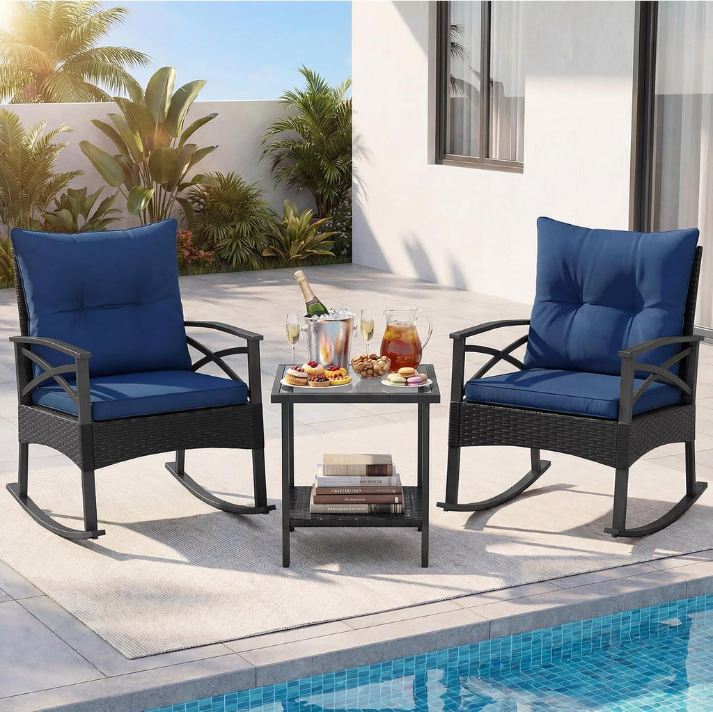 Tangkula 3 Pieces Outdoor Rocking Chairs Set, Rattan Heavy Duty Cushioned Rocker Chairs with 2-Tier Tempered Glass Coffee Table, for Garden, Balcony, Backyard (Black+Navy)
