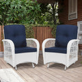 MEETWARM Patio Wicker Rocking Glider Set, All-Weather Outdoor Rattan Patio Rocking Chairs of 2, Patio Conversation Set with Thickened Cushions for Porch Backyard & Garden, White Wicker/Navy