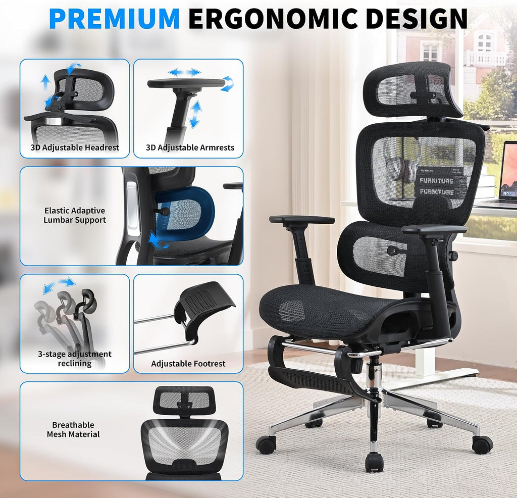 Mesh Ergonomic Office Chair with Footrest,High Back Mesh Gaming Chair with Lumbar Support,Adjustable Headrest and Armrests for Home Office Desk Chair (Modern, Black)