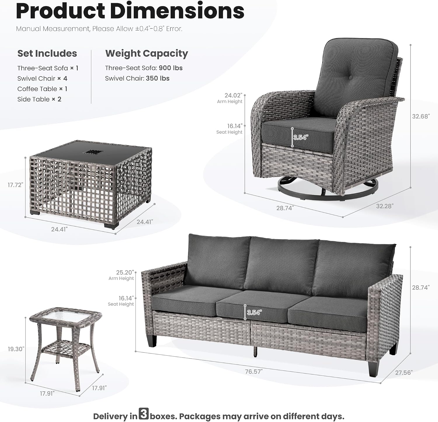 ovios 8 Pieces Patio Furniture Set, Outdoor Wicker Sofa Couch with Rocking Swivel Chairs Solar Lights Table, Modern Deep Seat Rattan Conversation Sets for Deck Porch, Black