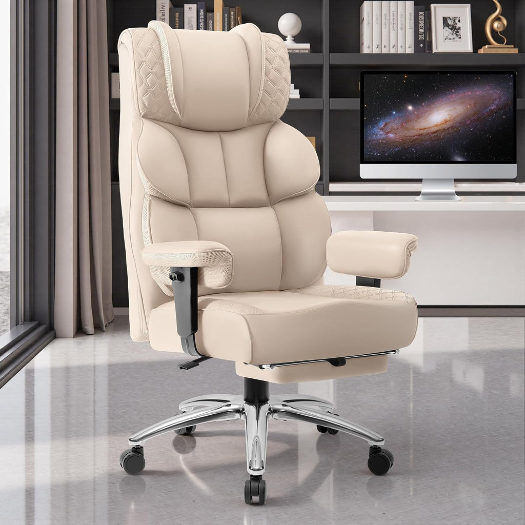 BestGlory Office Desk Chair, Big and Tall Leather Gaming Chair with Footrest, Wide Ergonomic Comfy Executive High-Back Reclining Computer Chairs, Swivel Rolling Wheels and Padded Lumbar Support, Beige