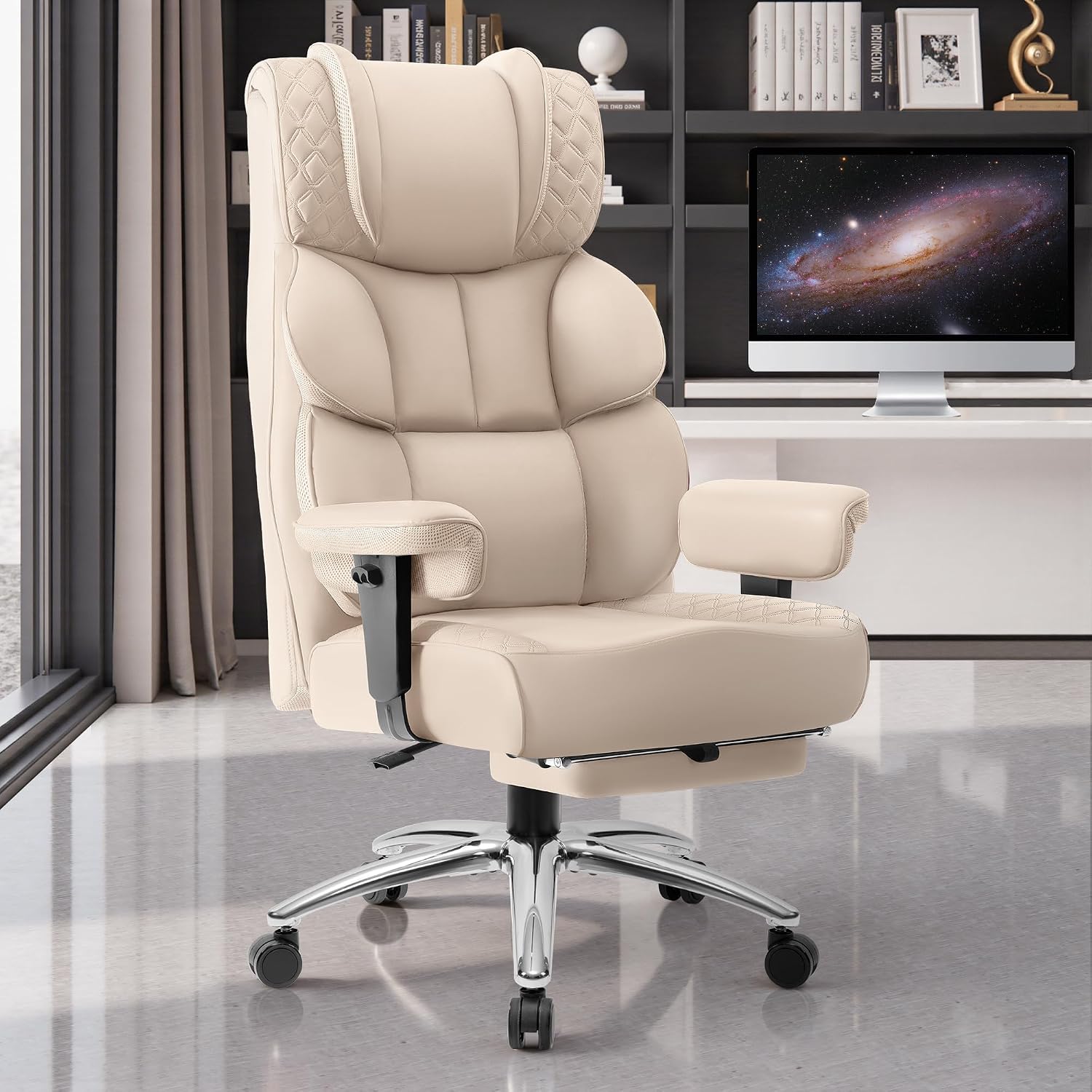 BestGlory Office Desk Chair, Big and Tall Leather Gaming Chair with Footrest, Wide Ergonomic Comfy Executive High-Back Reclining Computer Chairs, Swivel Rolling Wheels and Padded Lumbar Support, Beige