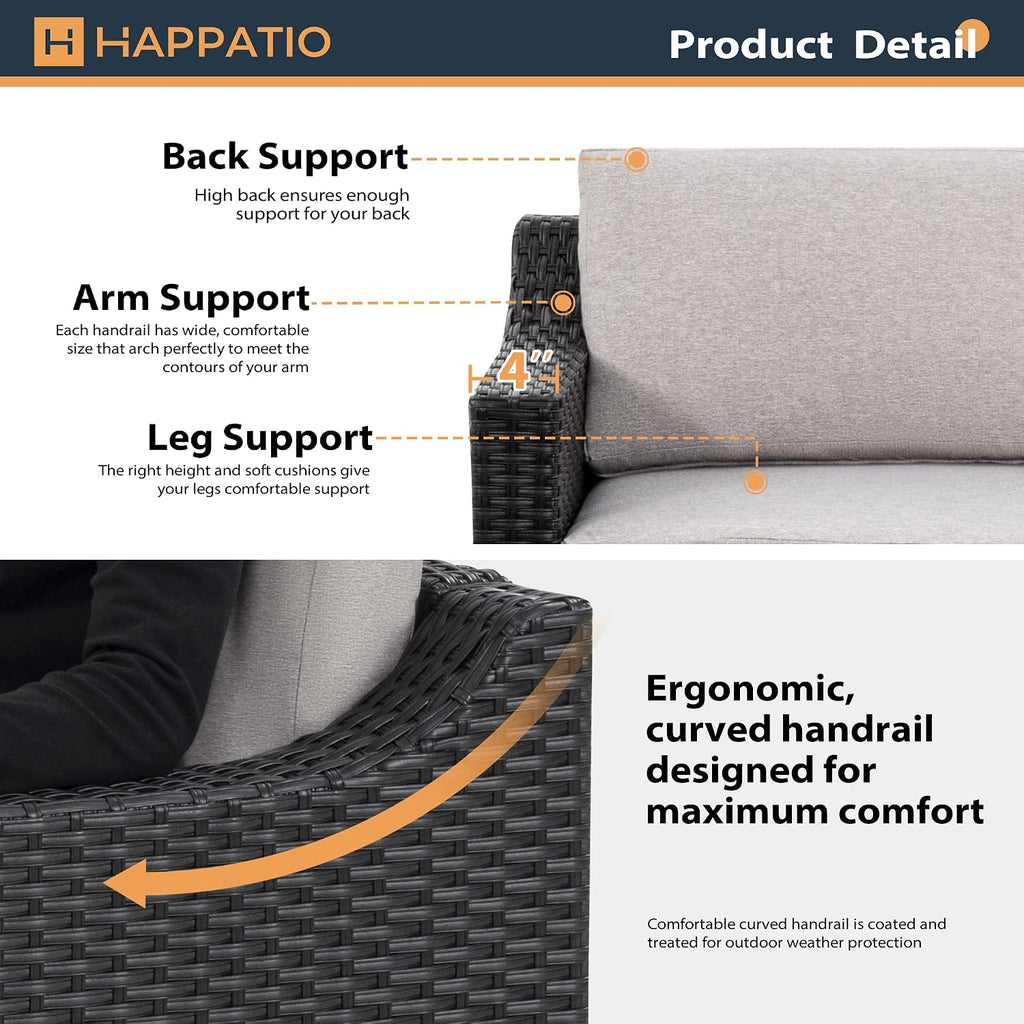 HAPPATIO Patio Conversation Set for 4, Modern Outdoor Sectional Sofa, PE Rattan Wicker (Brown/Grey)
