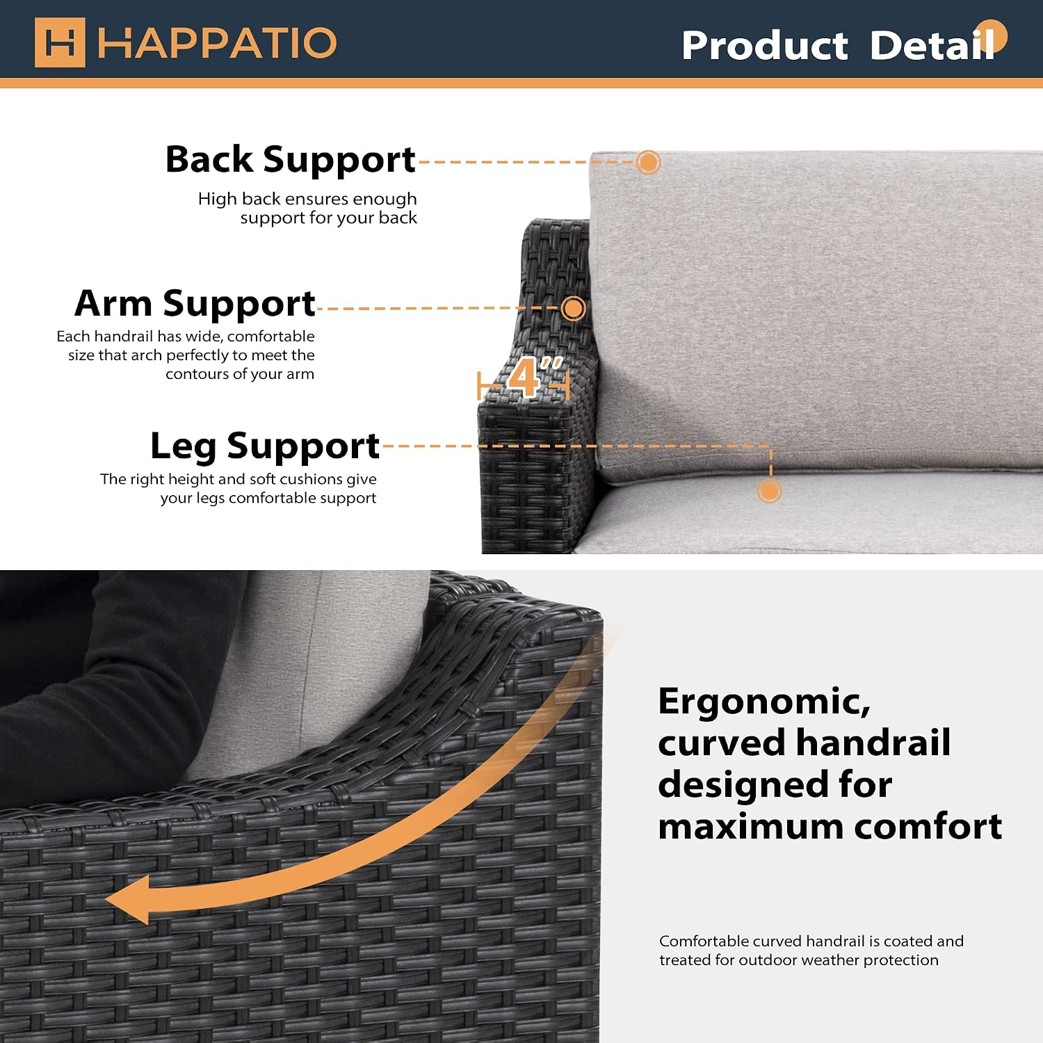 HAPPATIO Patio Conversation Set for 4, Modern Outdoor Sectional Sofa, PE Rattan Wicker (Brown/Grey)