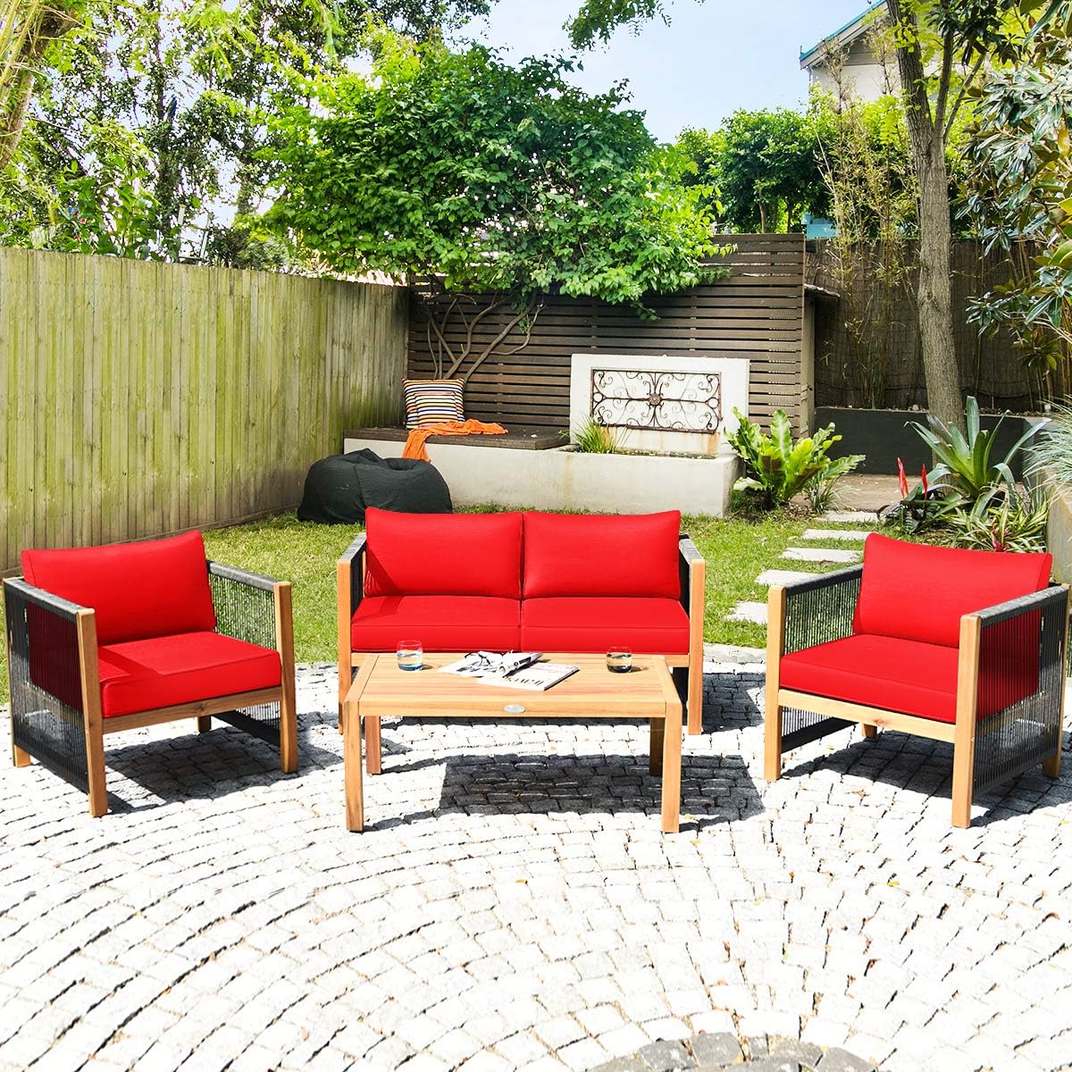 Tangkula Outdoor Wood Furniture Set, Acacia Wood Frame Loveseat Sofa, 2 Single Chairs and Coffee Table, 4 Pieces Conversation Set with Cushions, Garden Balcony Poolside Outdoor Living Set (1, Red)