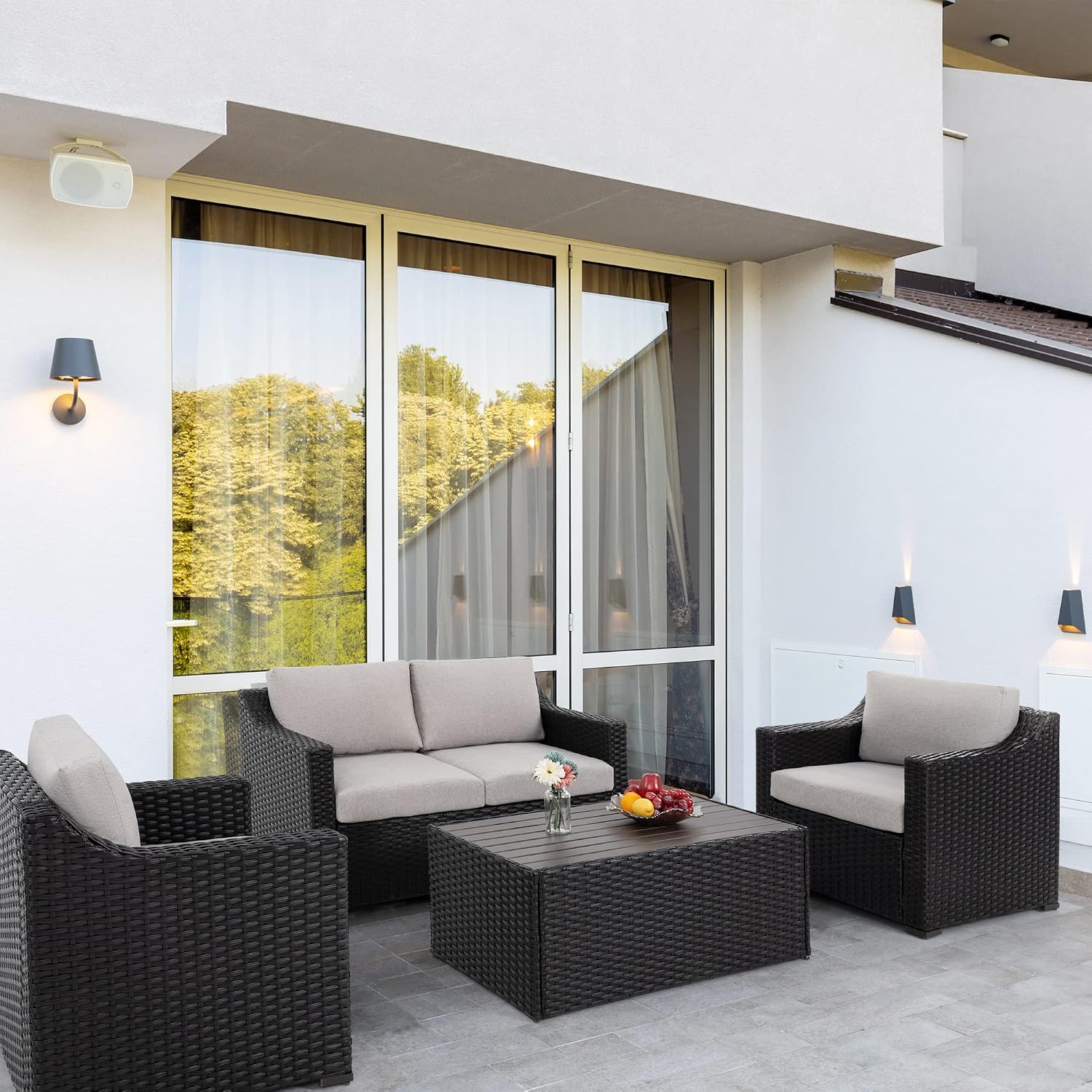 HAPPATIO Patio Conversation Set for 4, Modern Outdoor Sectional Sofa, PE Rattan Wicker (Brown/Grey)