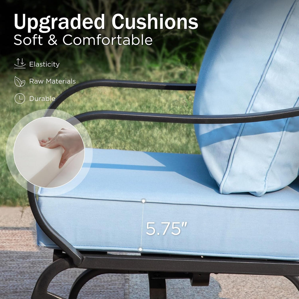 PHI VILLA 4 Piece Patio Furniture Sets for 5 Person with 1 x 3-Seat Deep Seating Bench, 2 x Cushioned Swivel Sofa Chairs & 1 x Coffee Table, Outdoor Metal Conversation Set for Lawn Garden, Light Blue