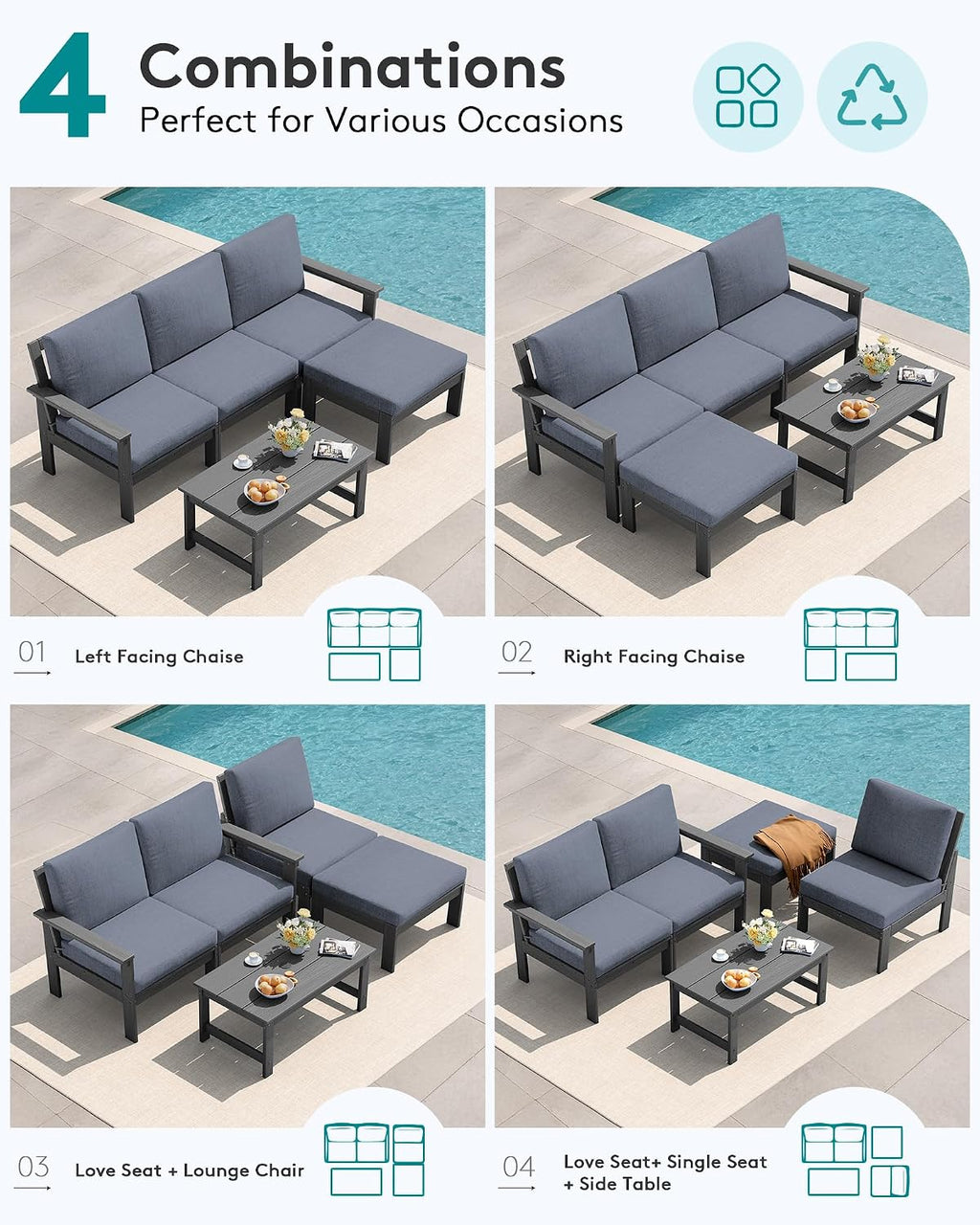 SERWALL Outdoor Sectional Sofa Set, 5-piece Outdoor Modula Couch Set with Ottoman, All Weather Patio Furniture Set with Chaise for Deck, Lawn, Gray Frame with Gray Cushion