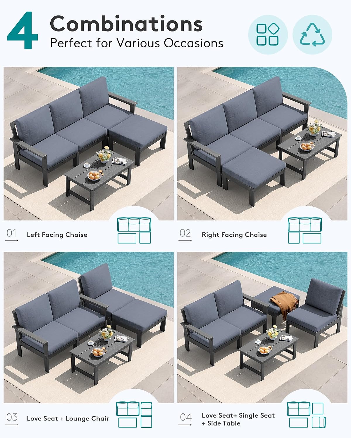 SERWALL Outdoor Sectional Sofa Set, 5-piece Outdoor Modula Couch Set with Ottoman, All Weather Patio Furniture Set with Chaise for Deck, Lawn, Gray Frame with Gray Cushion