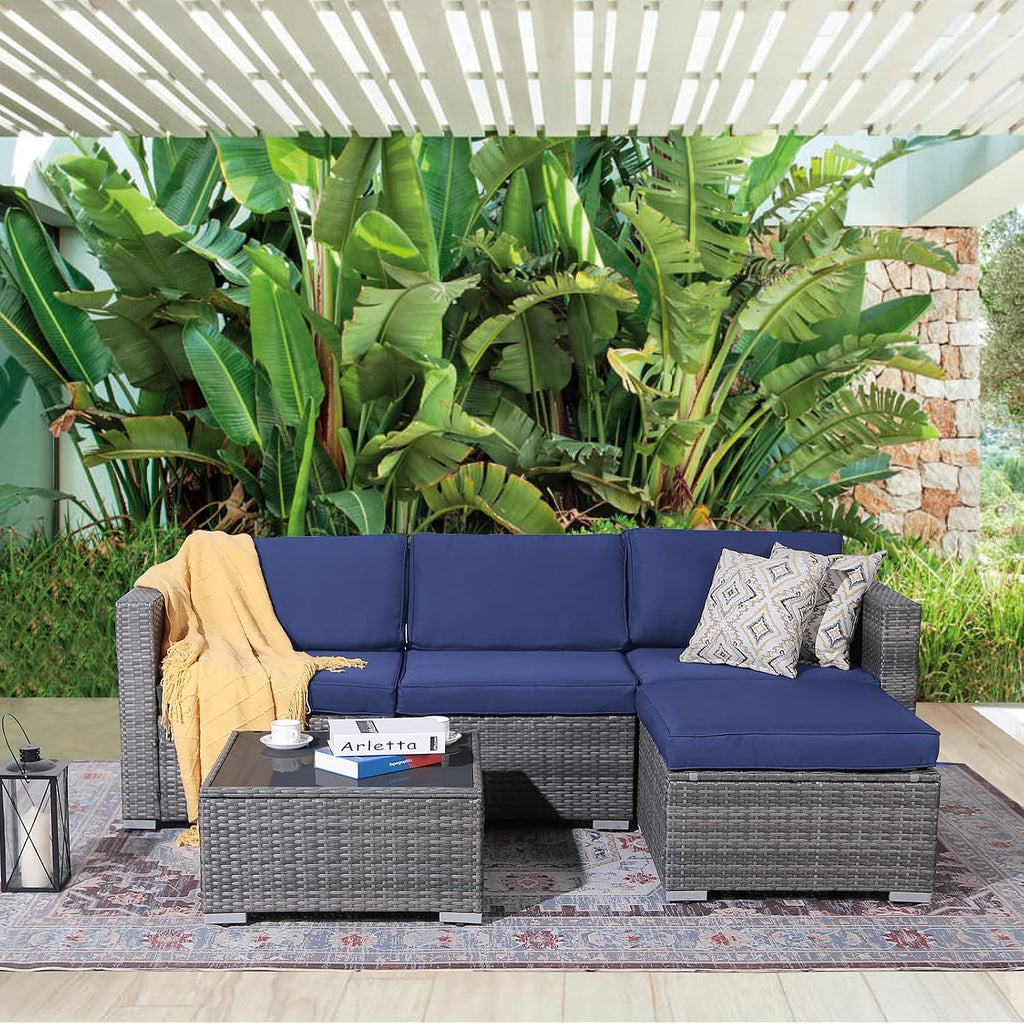 Patiorama 5 Piece Outdoor Patio Furniture Set, Outdoor Sectional Conversation Set, All-Weather Grey PE Wicker w/Navy Blue Cushions, Outdoor Backyard Porch Garden Poolside Balcony Furniture Set