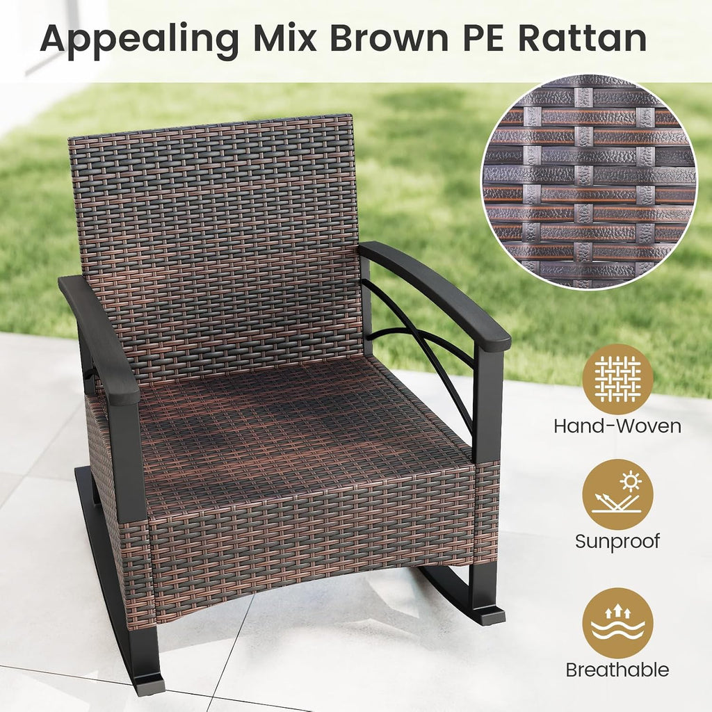 Tangkula 3 Piece Rattan Rocking Chair Set, Patio Rocker Bistro Set with Acacia Wood Tabletop & Armrests, 2 Outdoor Cushioned Armchairs w/Double-Tier Side Table for Porch, Balcony, Backyard
