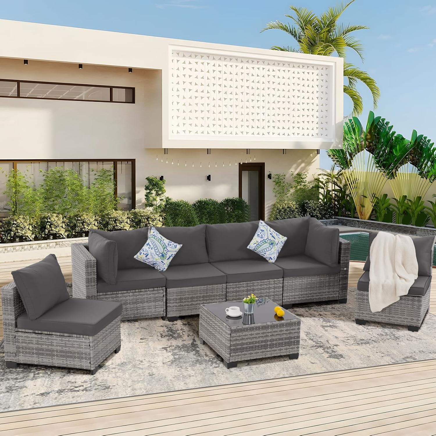 FHFO 7 Pieces Outdoor Patio Furniture Set, Outdoor Conversation Sets Wicker Sectional Couch Rattan Sofa with Thick Cushions & Coffee Table for Garden, Balcony, Backyard, Grey-Grey
