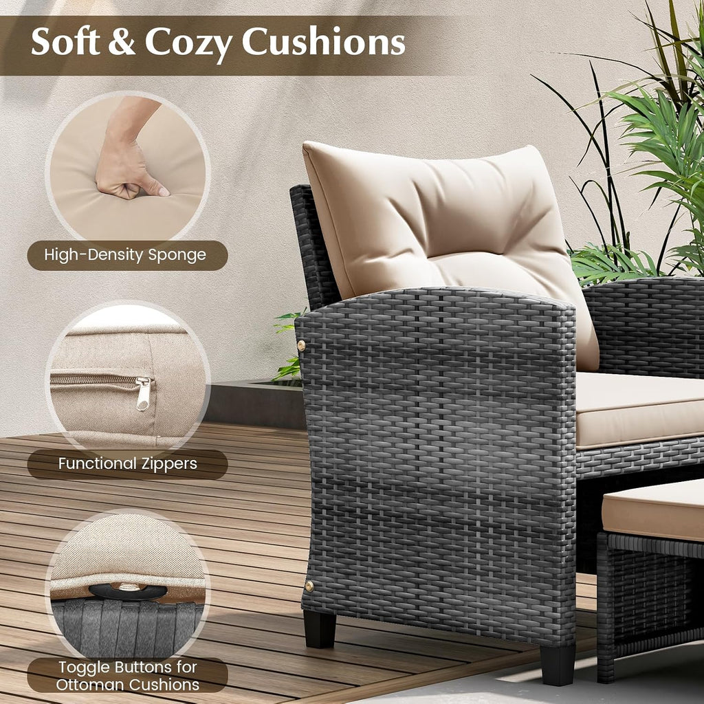 KOTEK 5 Pieces Patio Furniture Set with Ottomans, Wicker Patio Conversation Set with Coffee Table & Cushions, PE Rattan Outdoor Lounge Chairs for Backyard, Porch, Poolside (Mix Grey- Beige)