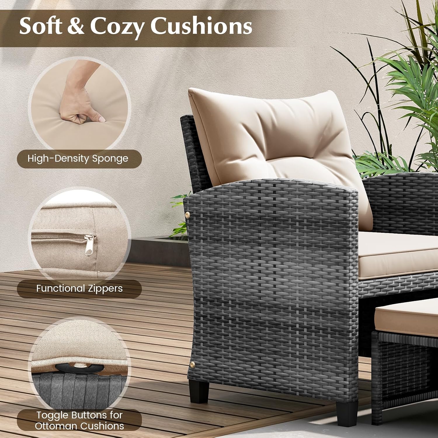 KOTEK 5 Pieces Patio Furniture Set with Ottomans, Wicker Patio Conversation Set with Coffee Table & Cushions, PE Rattan Outdoor Lounge Chairs for Backyard, Porch, Poolside (Mix Grey- Beige)