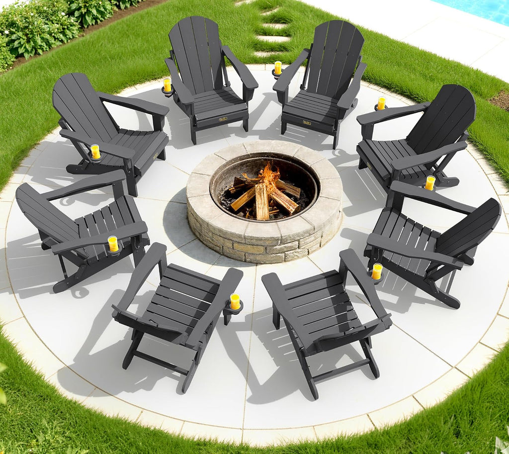 SERWALL Folding Adirondack Chair with Cup Holder Set of 4, Weather Resistant HIPS Patio Chairs, Wooden Textured, Fire Pit Chairs for Garden Outdoors Fire Pit - Gray