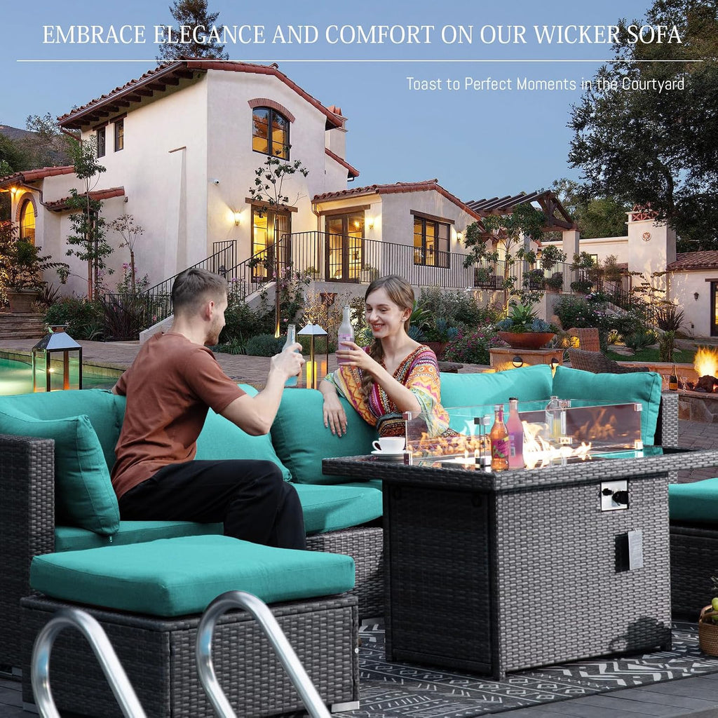 BULEXYARD 9 Pcs Highback Patio Furniture Set with Firepit, High-End Outdoor Sectional Couch with Ottoman 8-Seats, Cozy Comfy Wide Deep Deck Seating Group Conversation, Grey Rattan & Turquoise Cushion