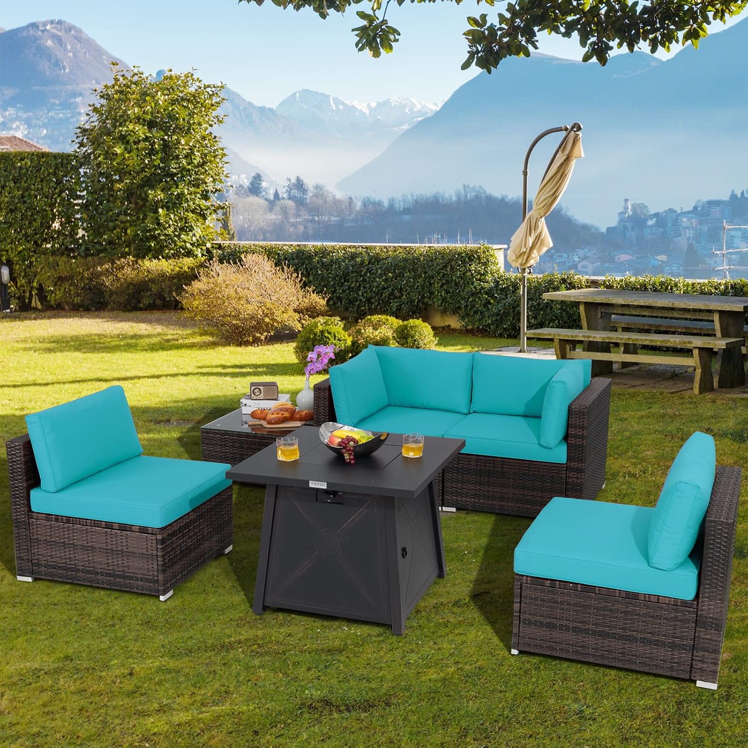 Tangkula 6-Piece Patio Furniture Set with 30' Propane Fire Pit Table, Outdoor PE Wicker Conversation Set with Cushions and Tempered Glass Coffee Table, Gas Fire Pit Table with 50,000 BTU (Turquoise)