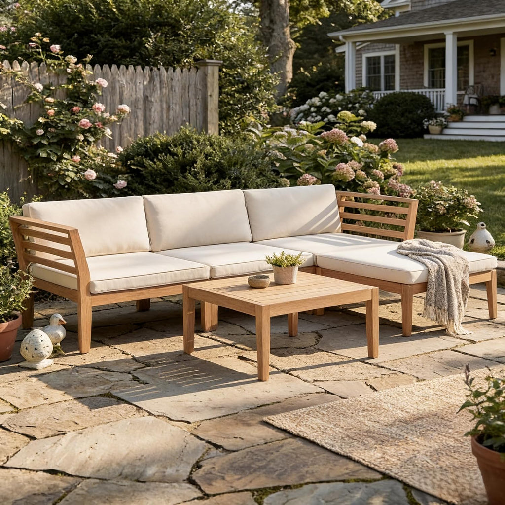 Werph 5-Piece Acacia Wood Patio Sectional Set, L-Shaped Outdoor Sofa Garden Couch with Coffee Table & Removable Cushions for Backyard, Deck, Beige