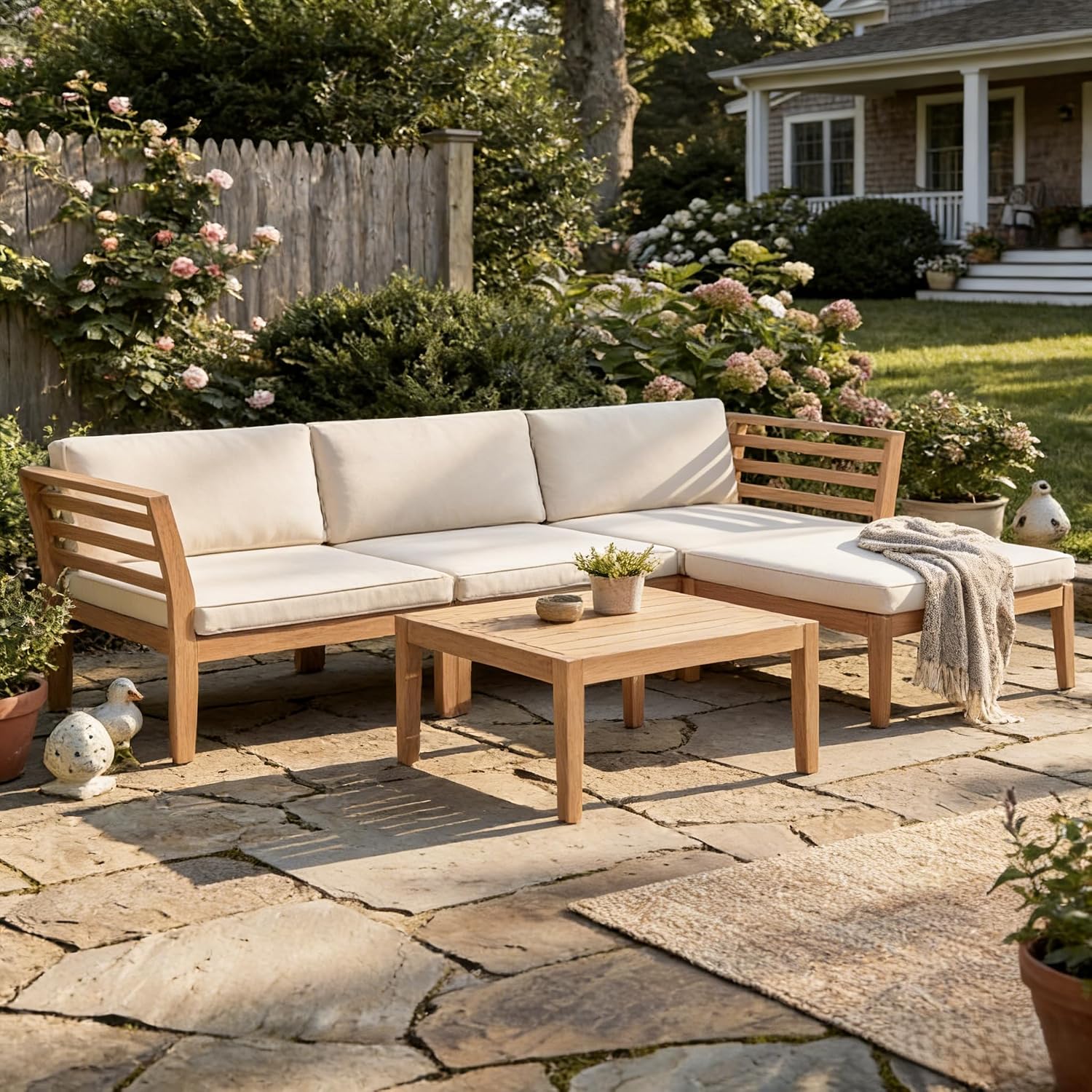 Werph 5-Piece Acacia Wood Patio Sectional Set, L-Shaped Outdoor Sofa Garden Couch with Coffee Table & Removable Cushions for Backyard, Deck, Beige