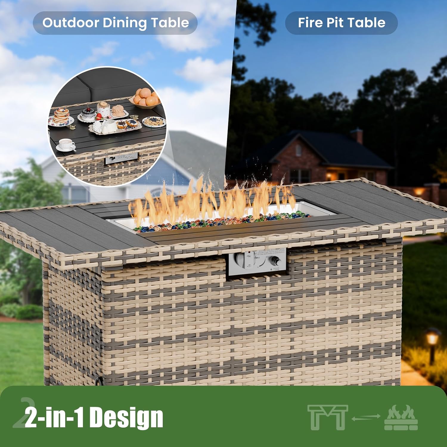 Amopatio 5 Piece Patio Furniture Set with 8' Armrest & 44' Fire Pit Table, Outdoor Wicker Rattan Sectional Sofa Conversation Set for Backyard, Garden, Poolside(Black Cushion)