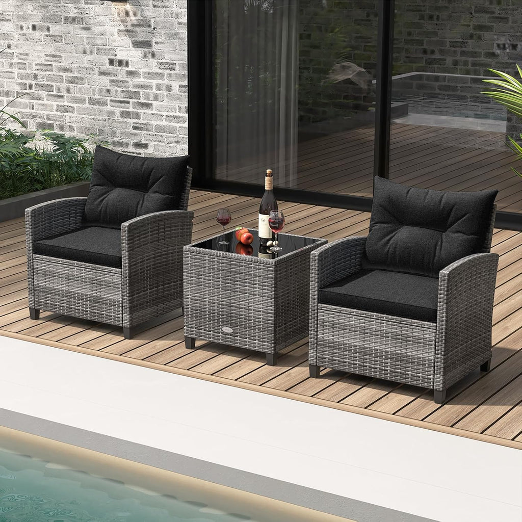 KOTEK 3 Piece Patio Furniture Set, Outdoor PE Rattan Conversation Set with Washable Cushions & Tempered Glass Tabletop, Wicker Chairs and Table Set for Porch, Garden, Balcony (Black)