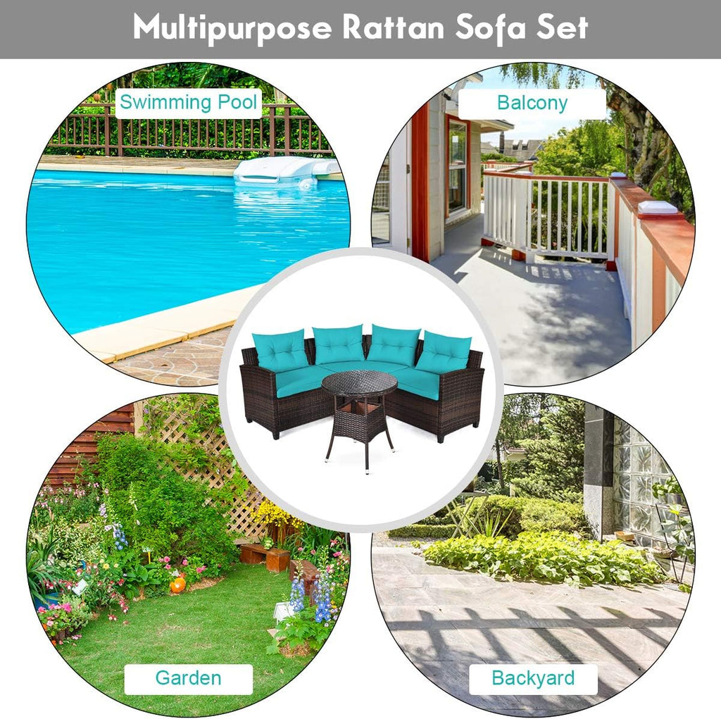 Tangkula 4-Piece C Shape Patio Furniture Set, Outdoor Corner Wicker Rattan Sectional Cushioned Sofa Set, with Glass Coffee Table, for Garden Poolside Balcony (Turquoise)