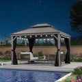 PURPLE LEAF 10' X 12' Outdoor Hardtop Gazebo with Galvanized Steel Double Roof Aluminum Frames Heavy Duty Permanent Pavilion Gazebo for Patio Deck Garden,Netting and Curtains Included, Light Grey