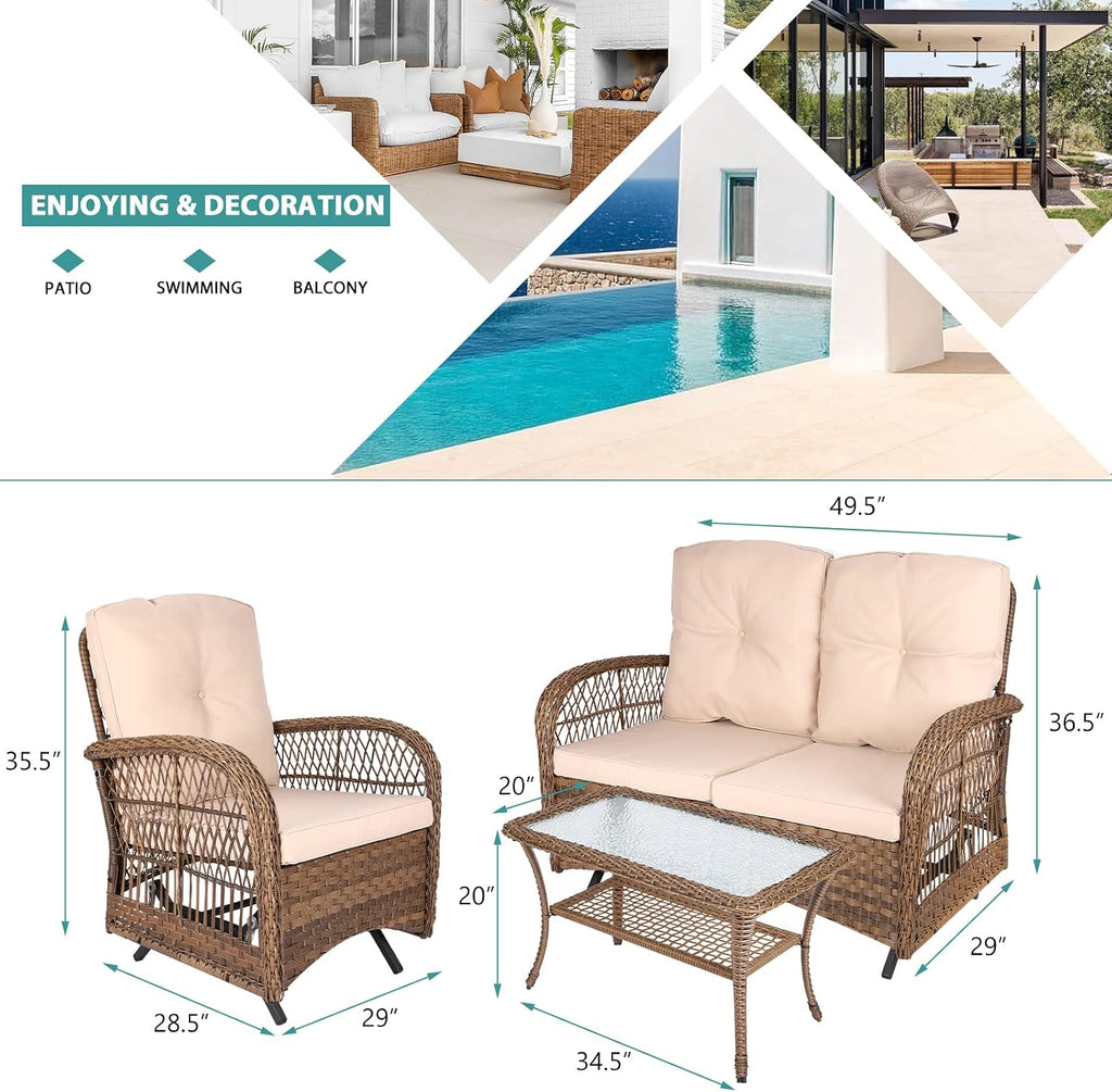 MEETWARM 4 Pieces Outdoor Wicker Patio Conversation Sets with Glider Loveseat, 2 Chairs with Glass-Top Coffee Table Wicker Rocking Glider Set, Wicker Conversation Set with Thickened Cushions