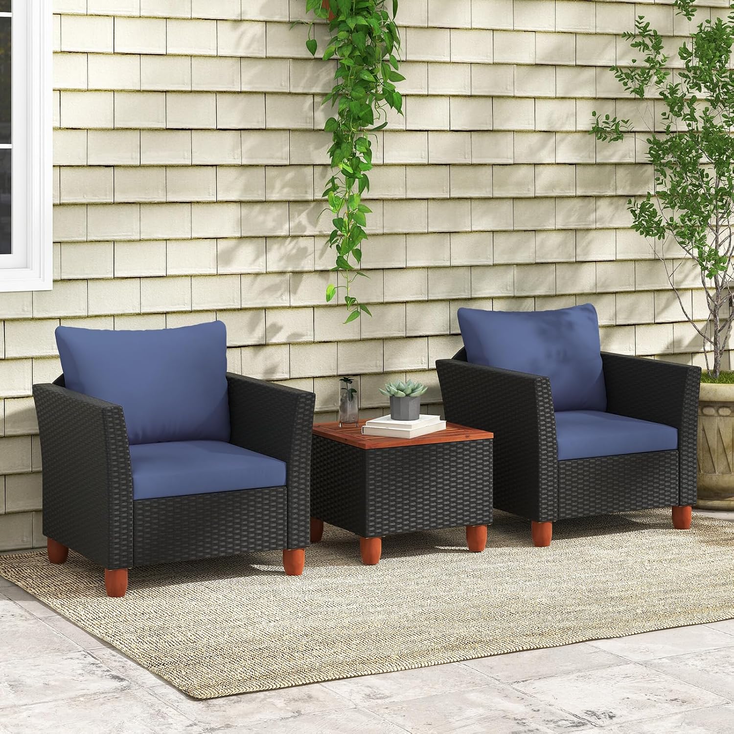 ORALNER 3 Pieces Patio Furniture Set, Outdoor Wicker Conversation Chairs with Cushion, Acacia Coffee Table, Rattan Bistro Set for Balcony Garden Backyard Front Porch Poolside (Blue)