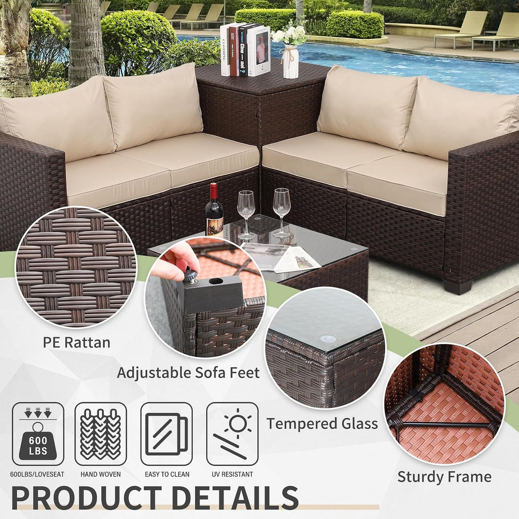 WAROOM Patio Furniture Set 4 Piece Conversation Sets Brown Rattan Outdoor Couch Loveseat Wicker Sectional Sofa with Storage Box Glass Top Table, Khaki Cushion