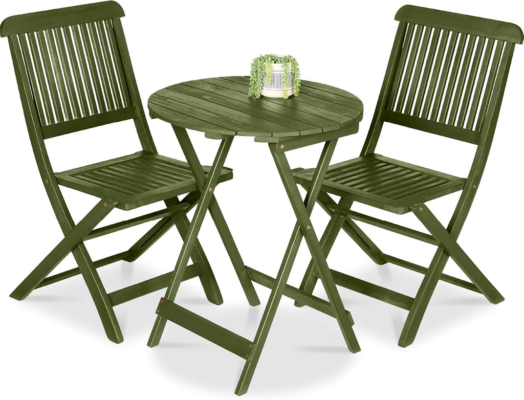 Best Choice Products 3-Piece Acacia Wood Bistro Set, Folding Patio Furniture for Backyard, Balcony, Deck w/ 2 Chairs, Round Coffee Table, Teak Finish - Olive