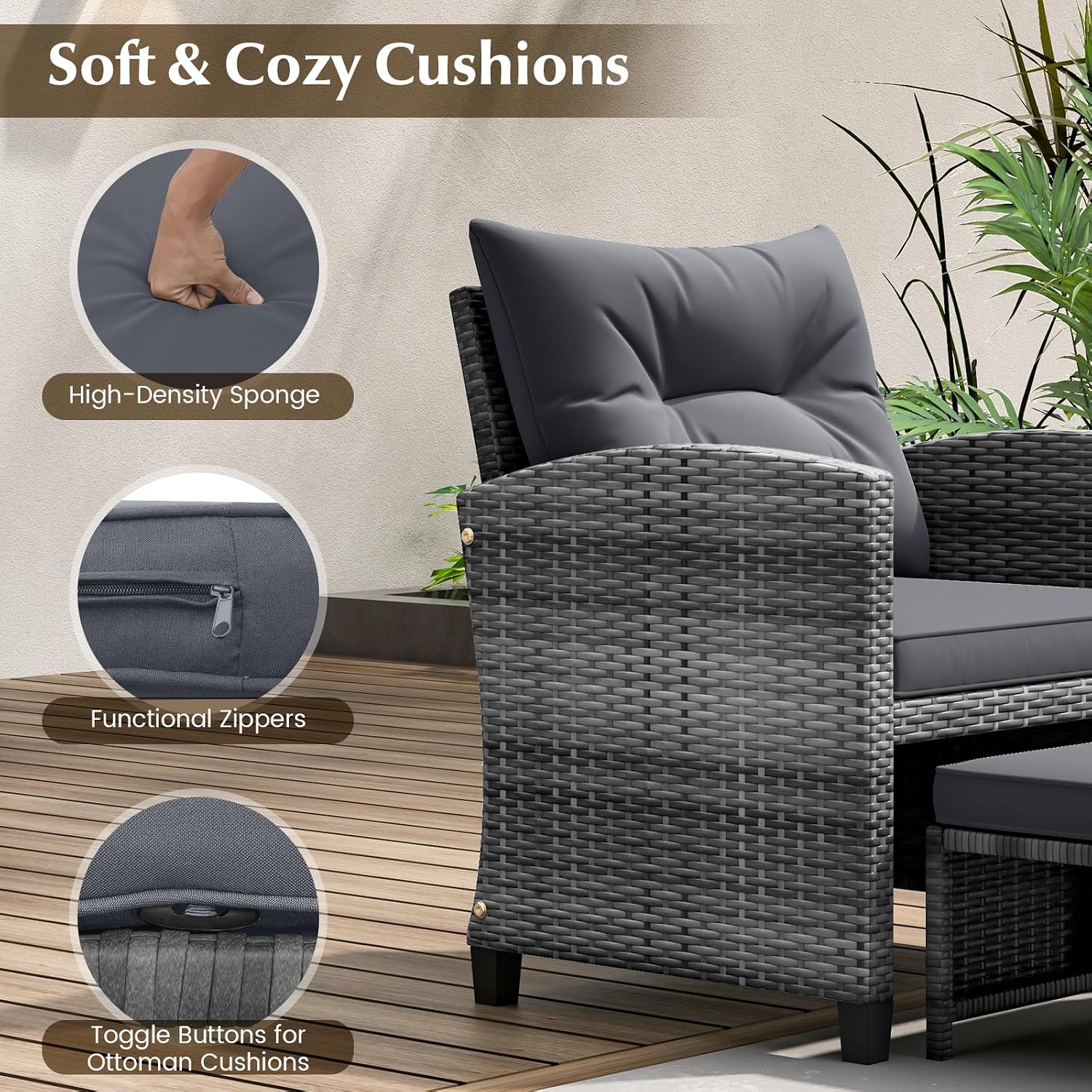 KOTEK 5 Pieces Patio Furniture Set with Ottomans, Wicker Patio Conversation Set with Coffee Table & Cushions, PE Rattan Outdoor Lounge Chairs for Backyard, Porch, Poolside (Mix Grey- Grey)