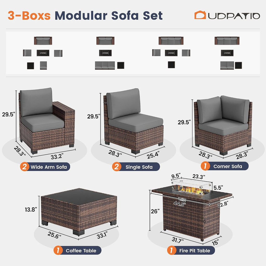 UDPATIO Patio Furniture Set with Fire Pit Table, 8 Inch Armrest 7 Piece Outdoor Sectional Sofas, All-Weather Wicker Conversation for Garden, Backyard, Brown/Dark Grey
