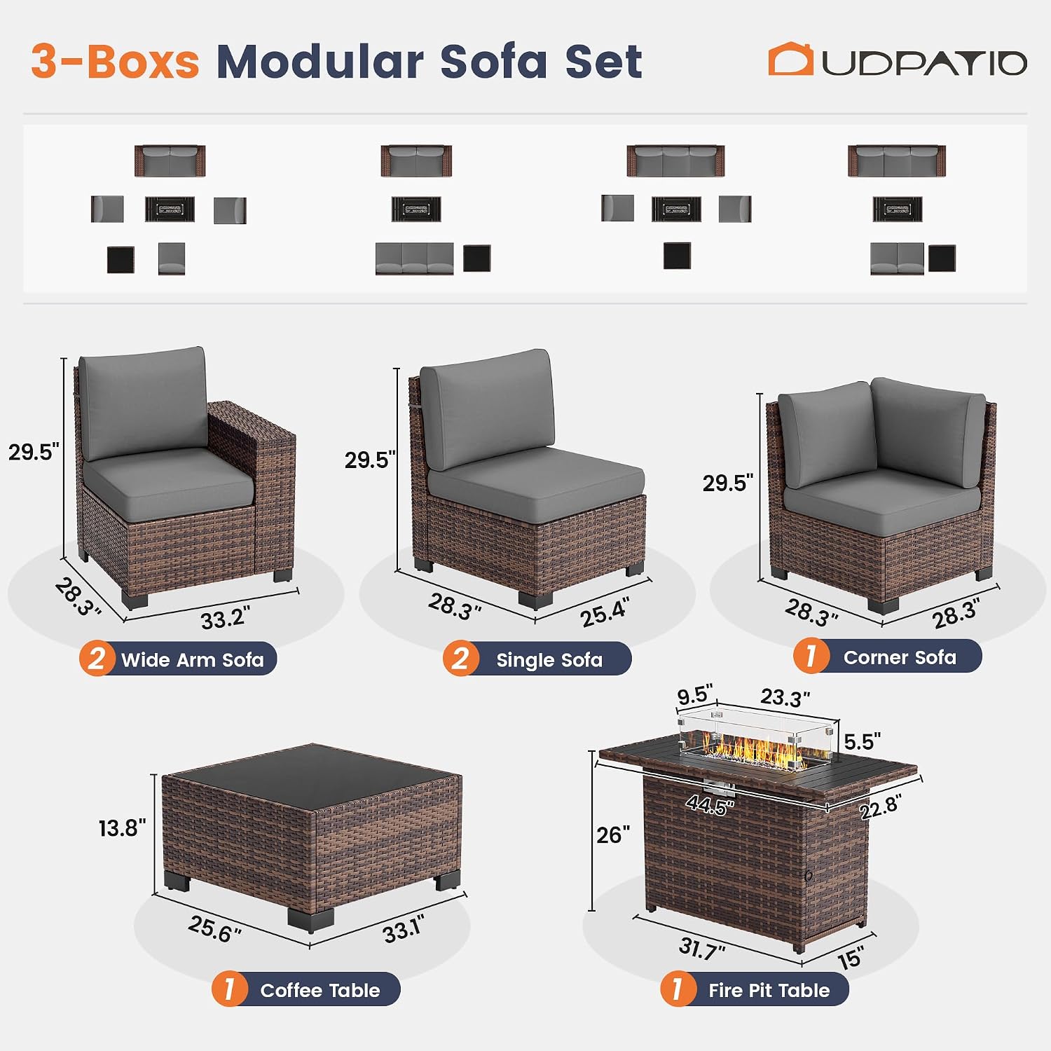 UDPATIO Patio Furniture Set with Fire Pit Table, 8 Inch Armrest 7 Piece Outdoor Sectional Sofas, All-Weather Wicker Conversation for Garden, Backyard, Brown/Dark Grey