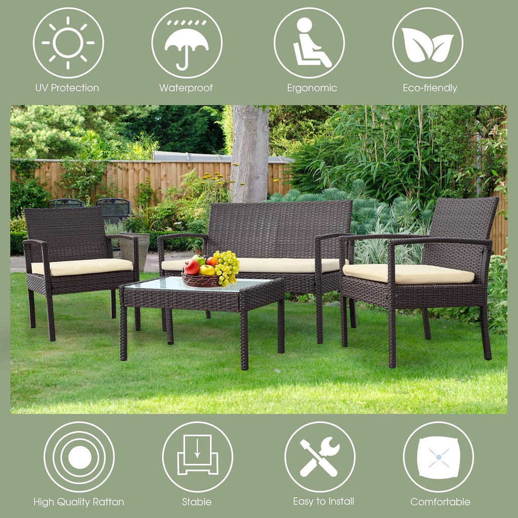 4 Piece Outdoor Patio Furniture Set, Rattan Patio Conversation Set with Table,Modern Wicker Chairs and Table Sets,Outdoor Furniture for Porch, Garden, Lawn,Beige