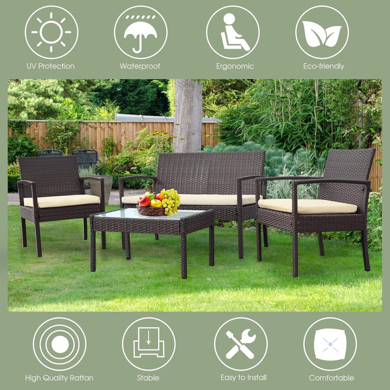 4 Piece Outdoor Patio Furniture Set, Rattan Patio Conversation Set with Table,Modern Wicker Chairs and Table Sets,Outdoor Furniture for Porch, Garden, Lawn,Beige