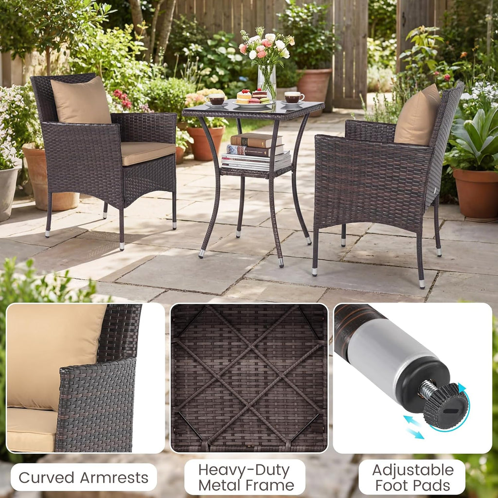 Tangkula 3 Pieces Patio Wicker Bistro Set, 2 Rattan Chairs w/ 2-Tier Tempered Glass Table, Outdoor Conversation Furniture Set with Cushions for Backyard, Porch, Poolside (Mix Brown+Beige)
