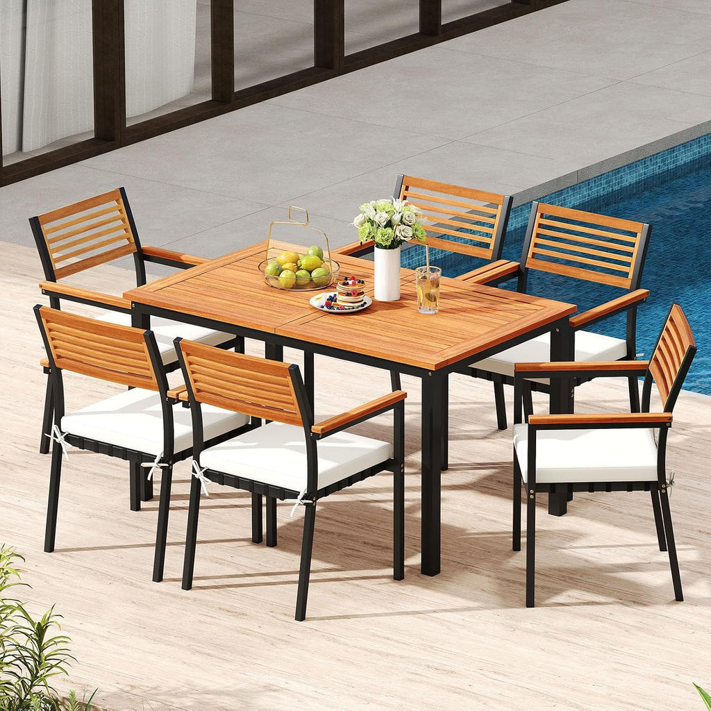 Tangkula 7 Piece Patio Dining Set, Outdoor Acacia Wood Cushioned Chairs and 51'-64' Expandable Rectangular Table Set, with Umbrella Hole, 6 Stackable Armchairs, for Poolside Garden (Off White)