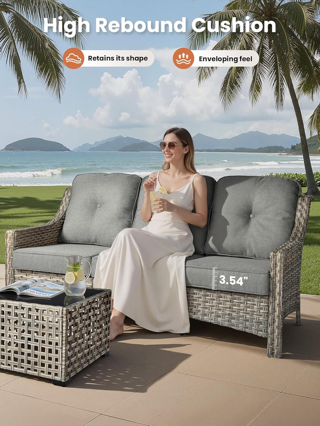 ovios 5 Piece Outdoor Patio Furniture with 3 Seat Sofa,Rattan Wicker Coversation Set with Swivel Rocking Chair,Balcony Sofa Set with Shiny Table for Outside Porch Backyard Pool, Dark Grey