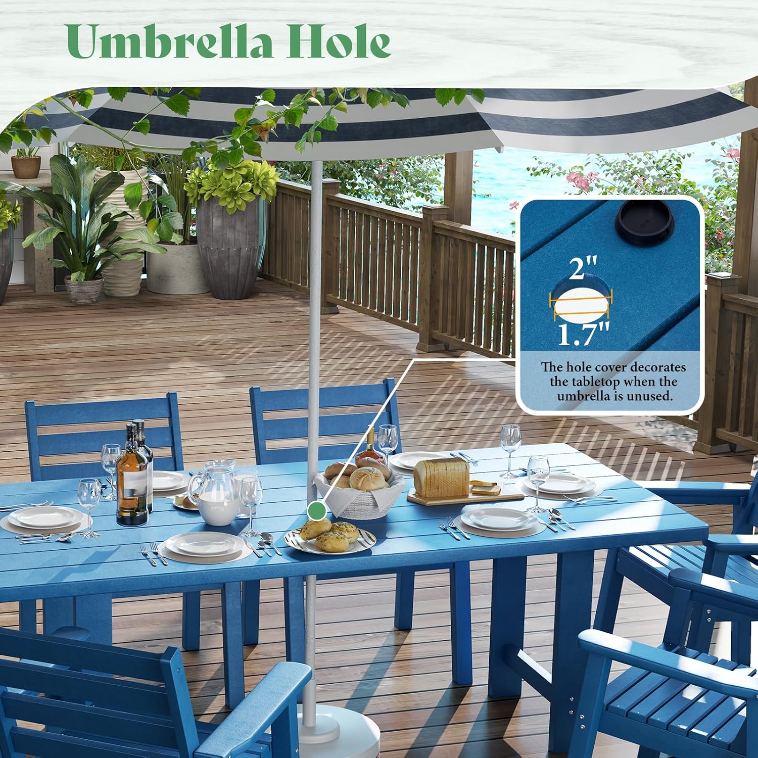 AMERLIFE 7-Piece HDPE Outdoor Dining Table Set with 6 Chairs, 71' Patio Dining Table Sets with Umbrella Hole, Modern Dinner Table & Chairs Set for Garden, Backyard, Poolside, Blue