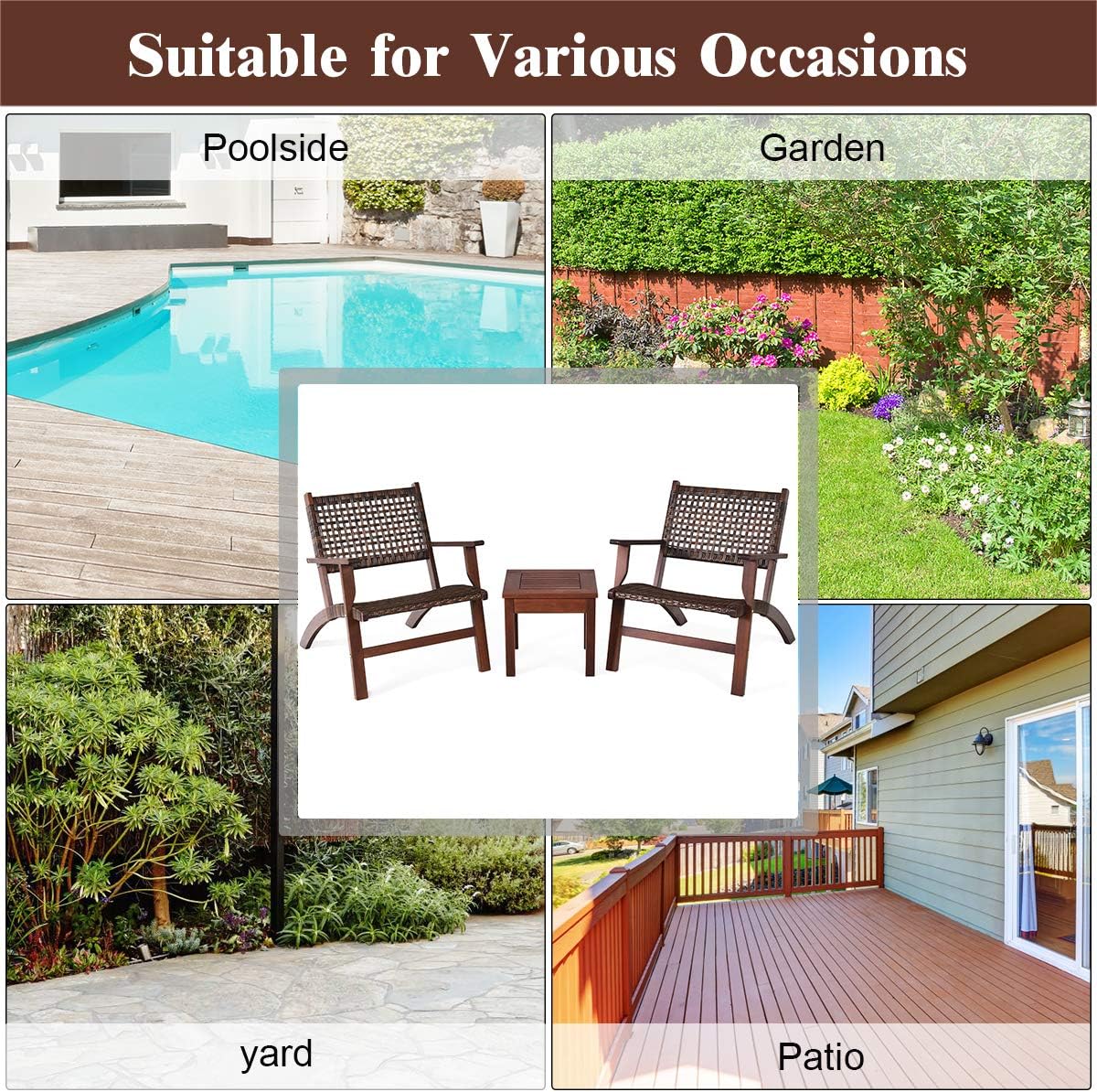 Tangkula 3 Pieces Patio Conversation Set, Solid Eucalyptus Wood Frame Outdoor Wicker Furniture Set Bistro Set with Coffee Table, Rattan Furniture Set for Backyard Porch Garden Poolside Balcony (Brown)