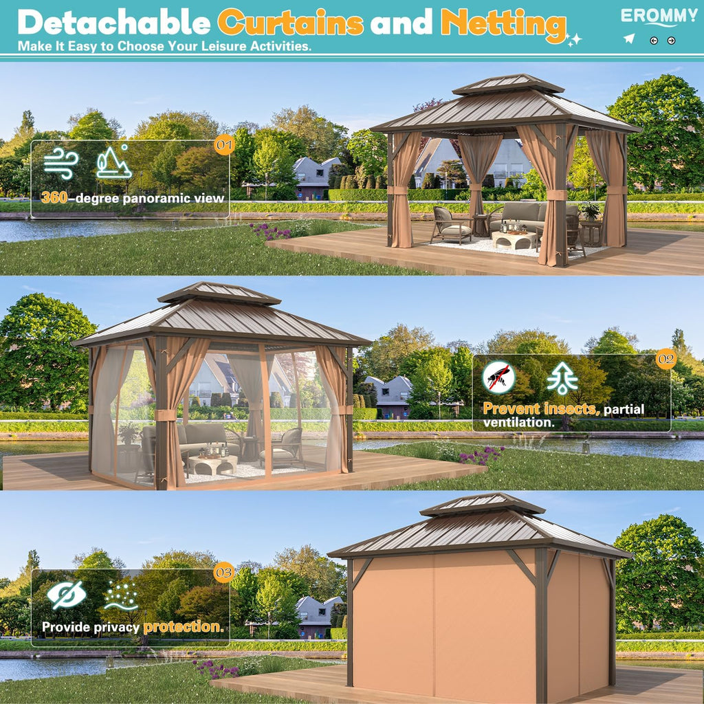 EROMMY 10'x12' Gazebo Hardtop, Galvanized Steel Double Roof Metal Gazebo with Aluminum Frame, Permanent Outdoor Pavilion with Curtain and Netting for Patio, Lawn and Garden, Brown