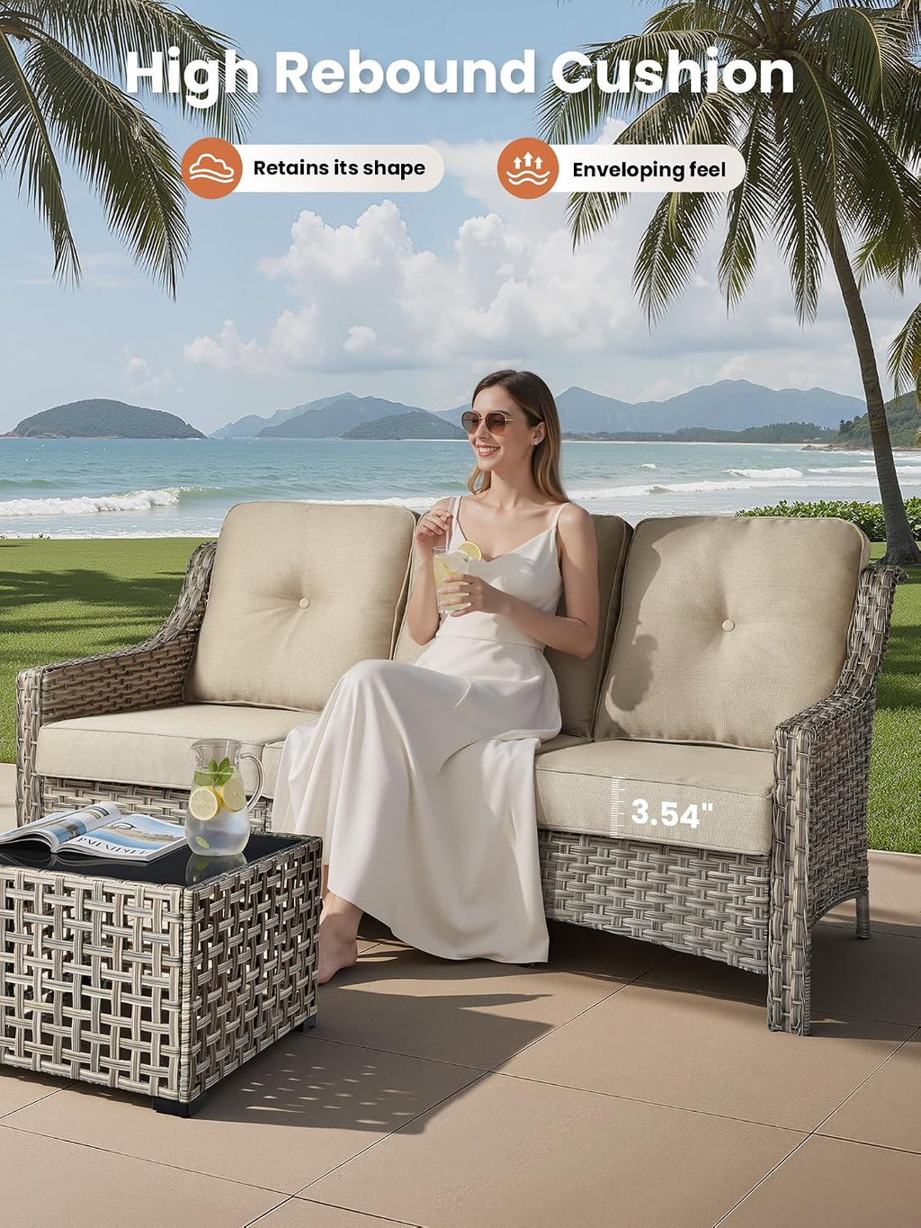 ovios 5 Piece Outdoor Patio Furniture with 3 Seat Sofa,Rattan Wicker Coversation Set with Swivel Rocking Chair,Balcony Sofa Set with Shiny Table for Outside Porch Backyard Pool, Beige