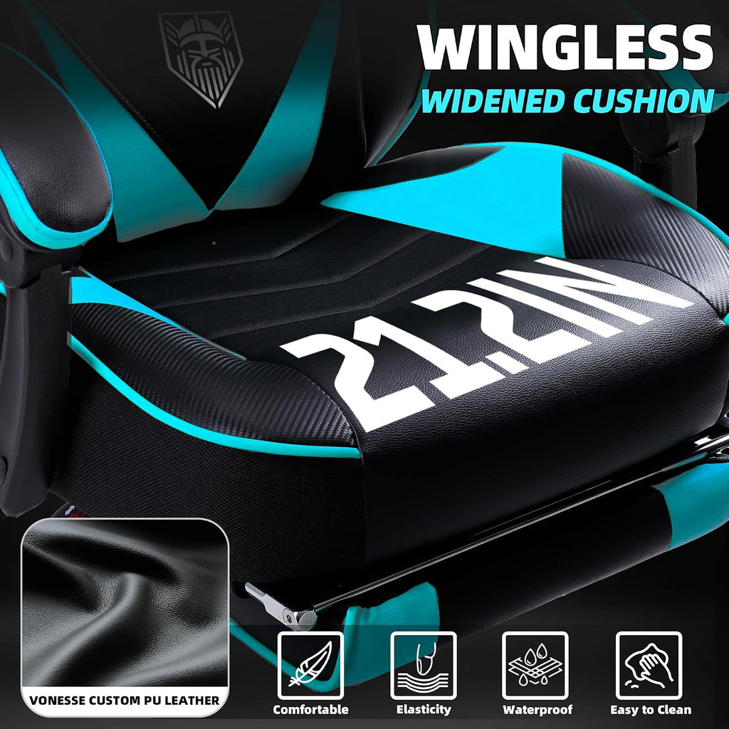 Vonesse Gaming Chair, High Back Gaming Chair with Footrest and Massage, Gaming Chairs for Adults with Pocket Spring Cushion, Big and Tall Reclining Computer Chair with Lumbar Support (Cyan/Black)
