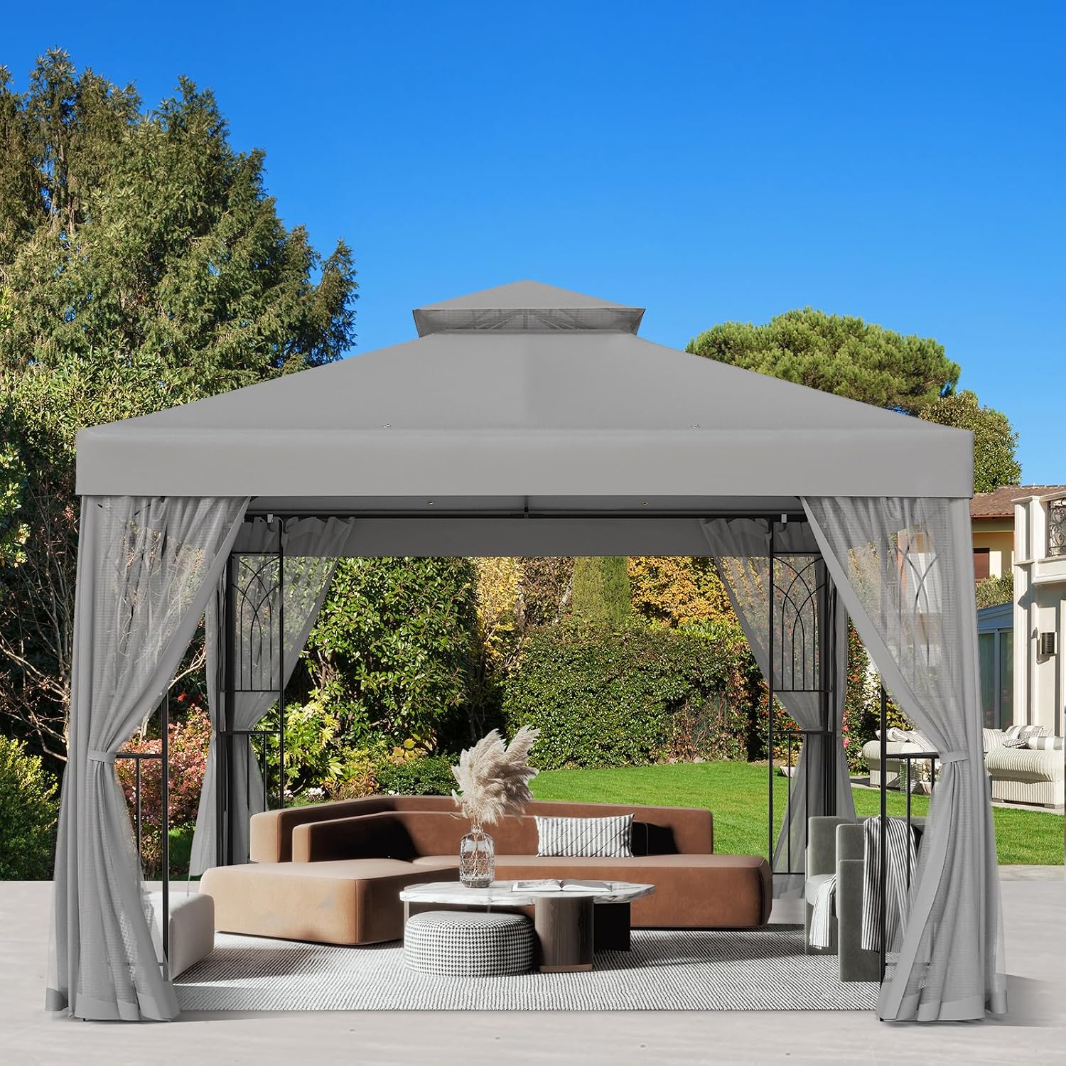 10x10 Outdoor Gazebo Tent with Netting and Corner Shelves, Double Roof Patio Gazebo with Soft Fabric Top, Outdoor Pavilion for Backyard Patio Garden Lawn, Gray