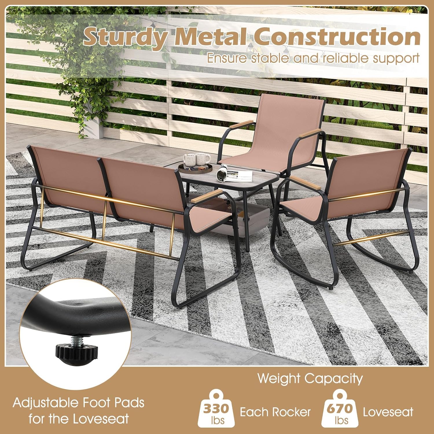 Tangkula 4 Pieces Patio Furniture Set with 2 Rocking Bistro Chairs, Outdoor Conversation Set with 2-Tier Coffee Table and Breathable Fabric Chairs for Porch, Garden, Lawn and Backyard (Brown)