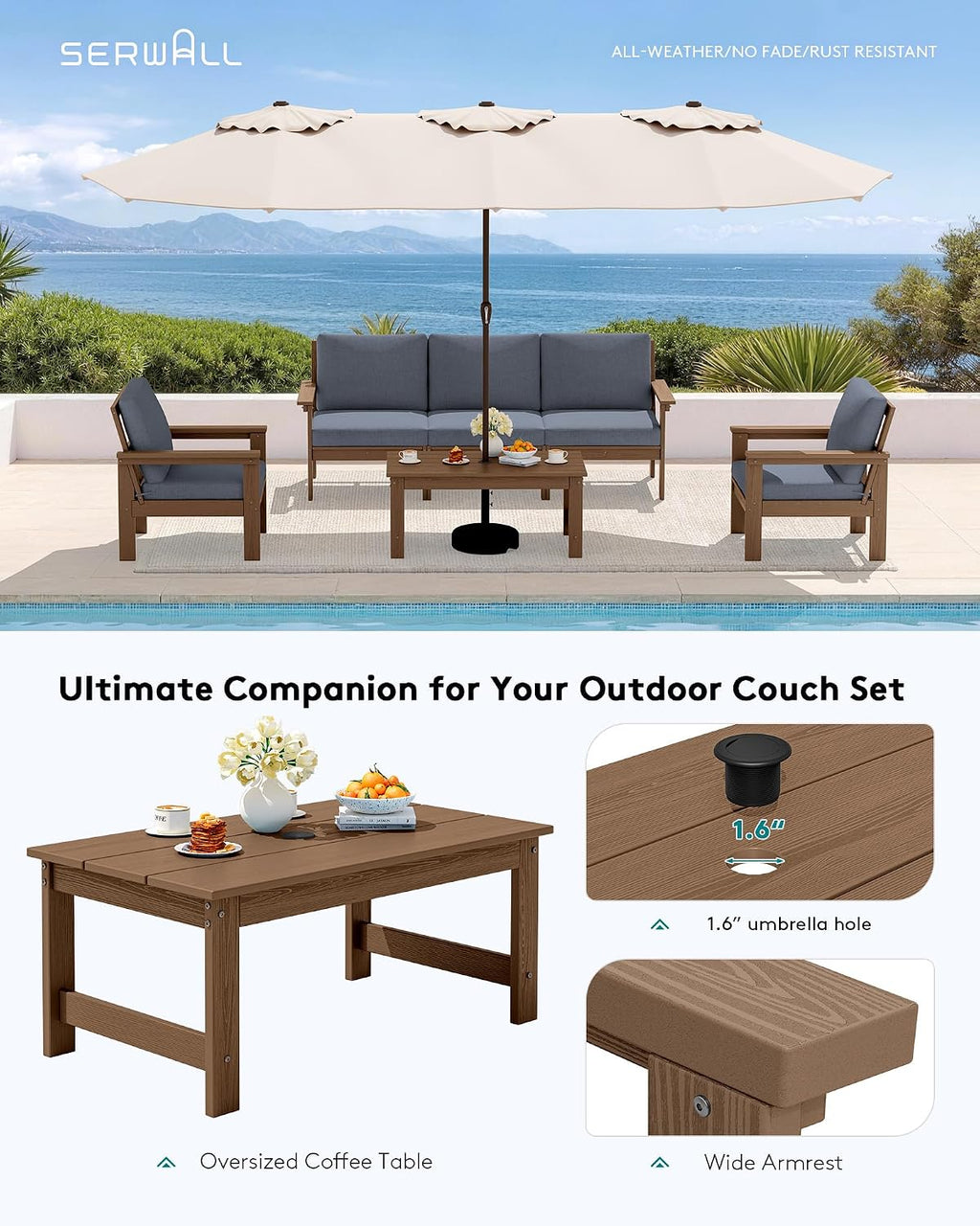 SERWALL HDPE Patio Conversation Set, 6-piece Sectional Outdoor Furniture Set, All Weather Outdoor Couch Set Patio Furniture Set for Deck, Lawn, Grey Frame with Grey Cushion