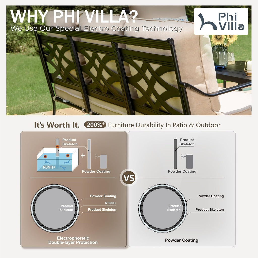 PHI VILLA Extra Large Metal Patio Furniture Sets, All-Weather Steel Frame Heavy Duty Patio Conversation Sets for Backyard, Porch and Garden