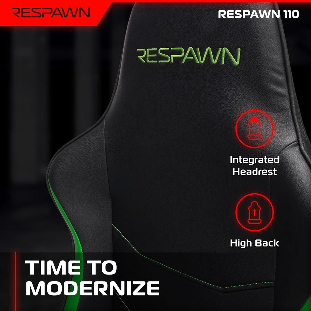 Respawn 110 Ergonomic Gaming Chair - Reclining Office Video Game Swivel Chair with Lumbar Support, Headrest, Heavy Duty, High Back, Racing Style Gaming Recliner Seat for Computer Gamer - Green